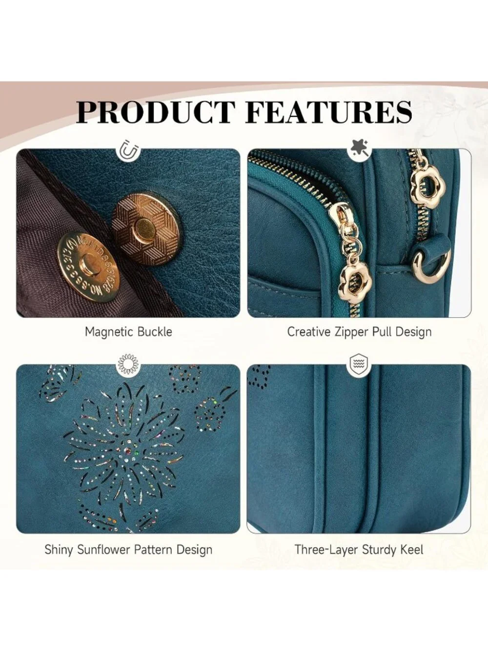 Women's Blue Crossbody Phone Purse Triple Compartments Lightweight Shoulder Bag